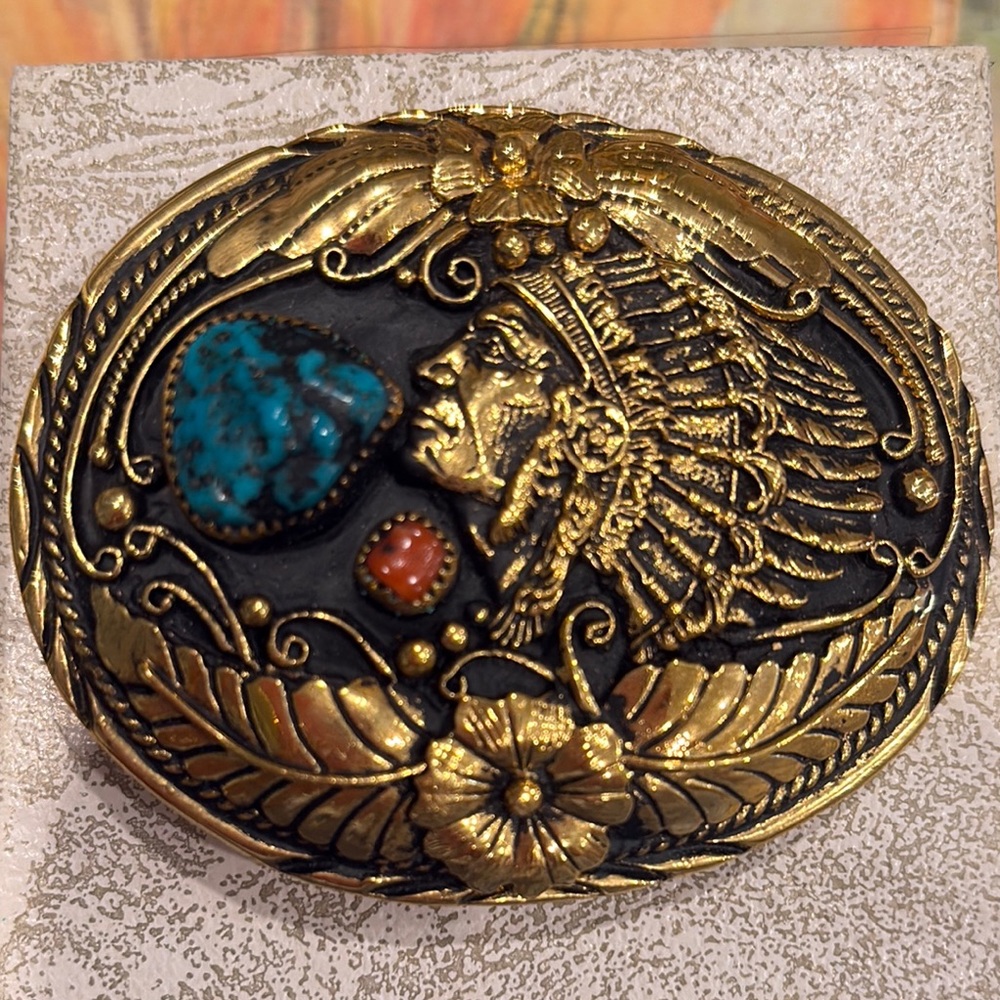 Vintage Gold and Black Belt Buckle with Turquoise Accent and coral
